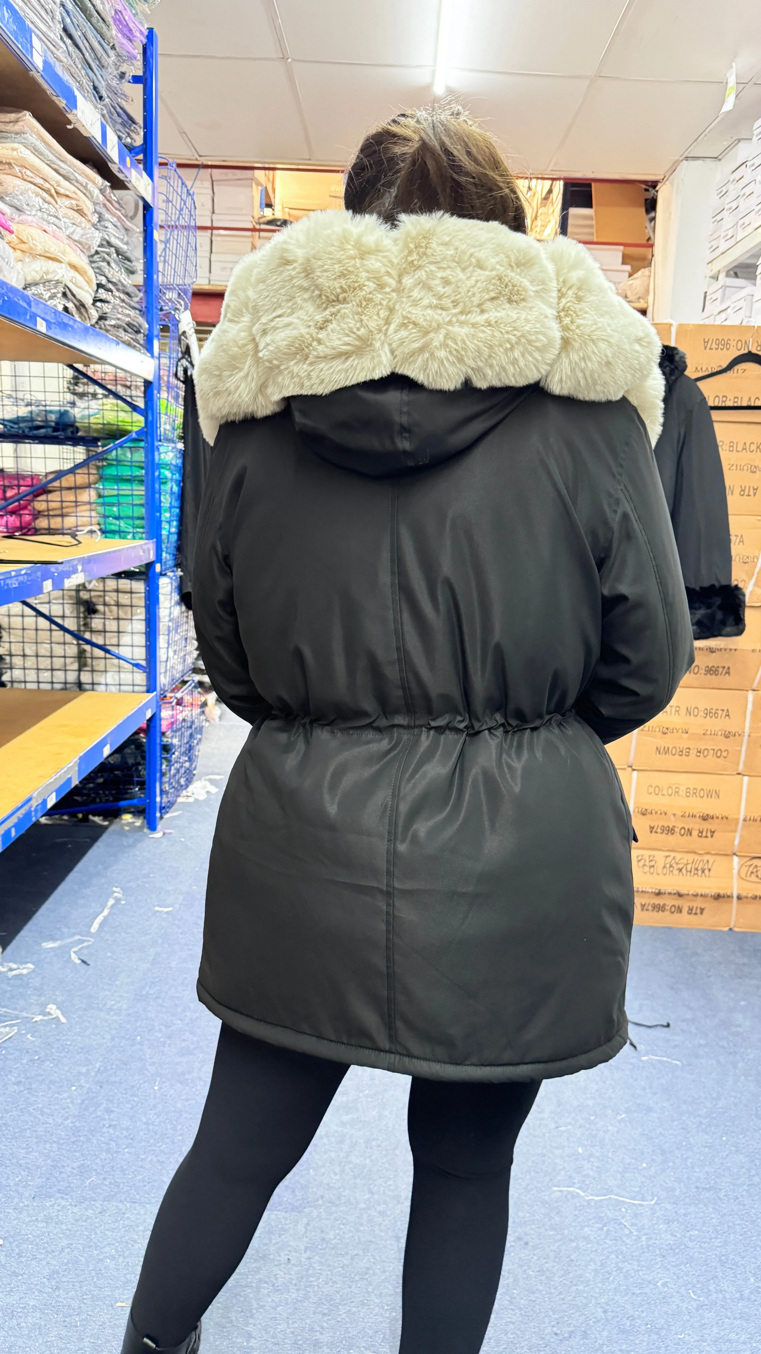 Amaya Black Beige Faux Fur Hooded Toggle Coat