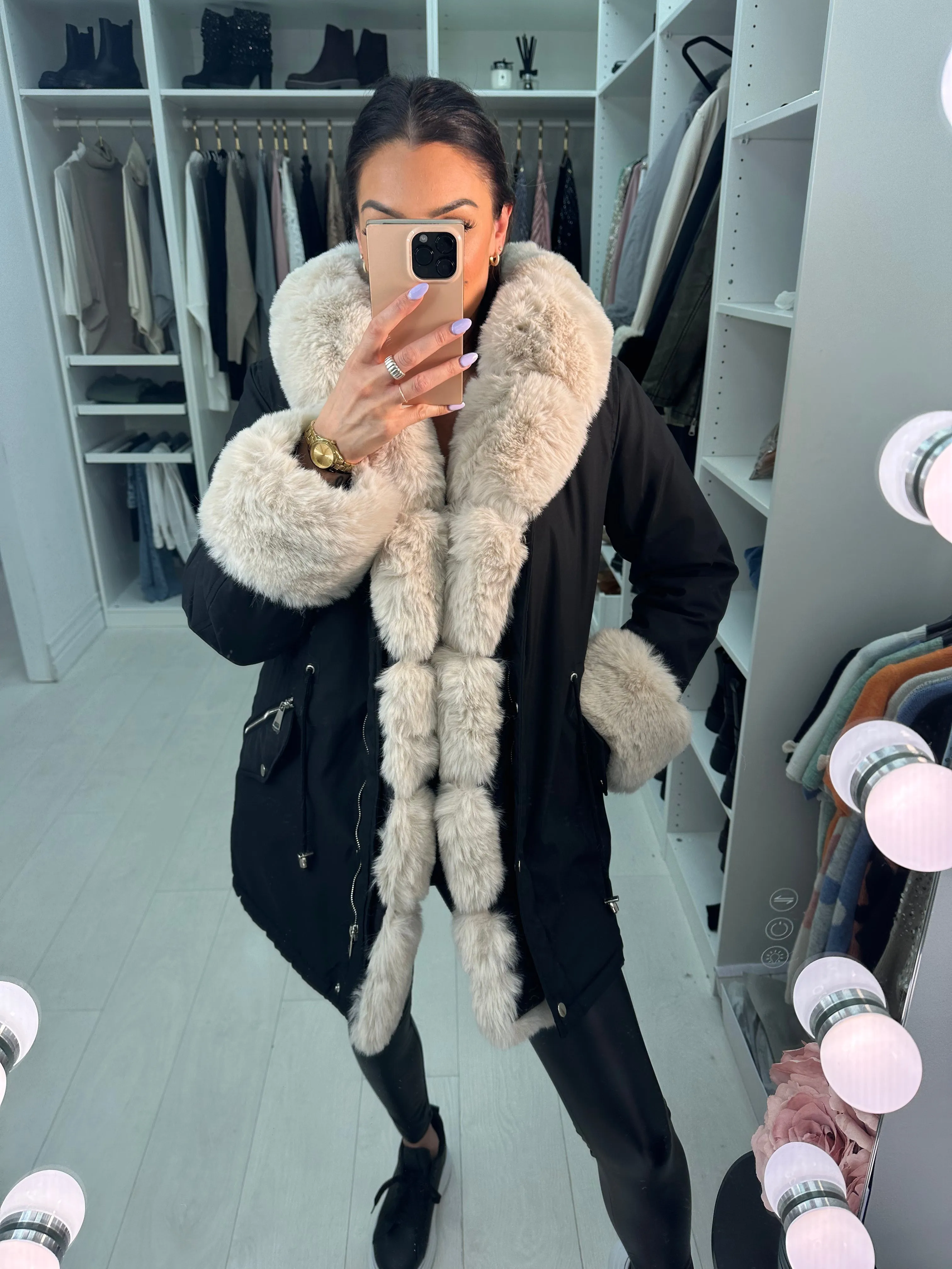 Amaya Black Beige Faux Fur Hooded Toggle Coat