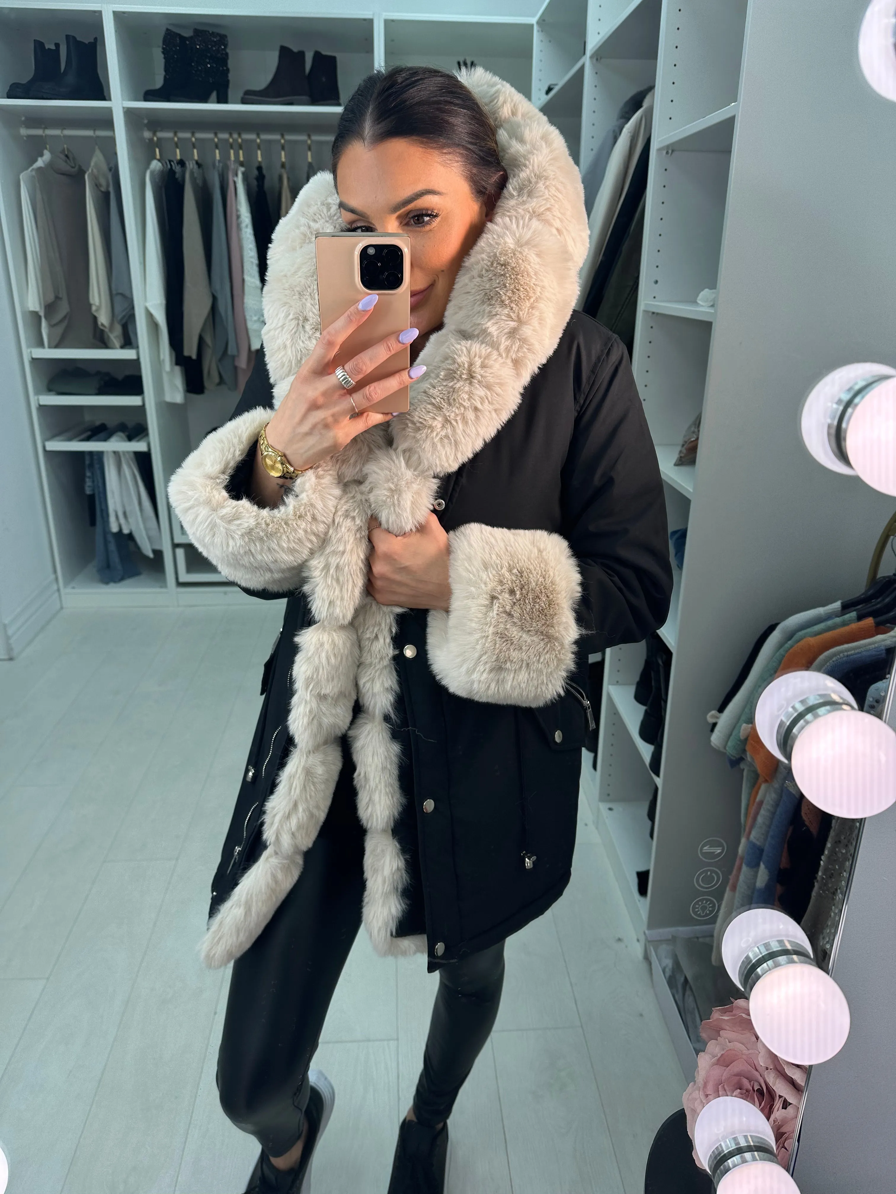 Amaya Black Beige Faux Fur Hooded Toggle Coat