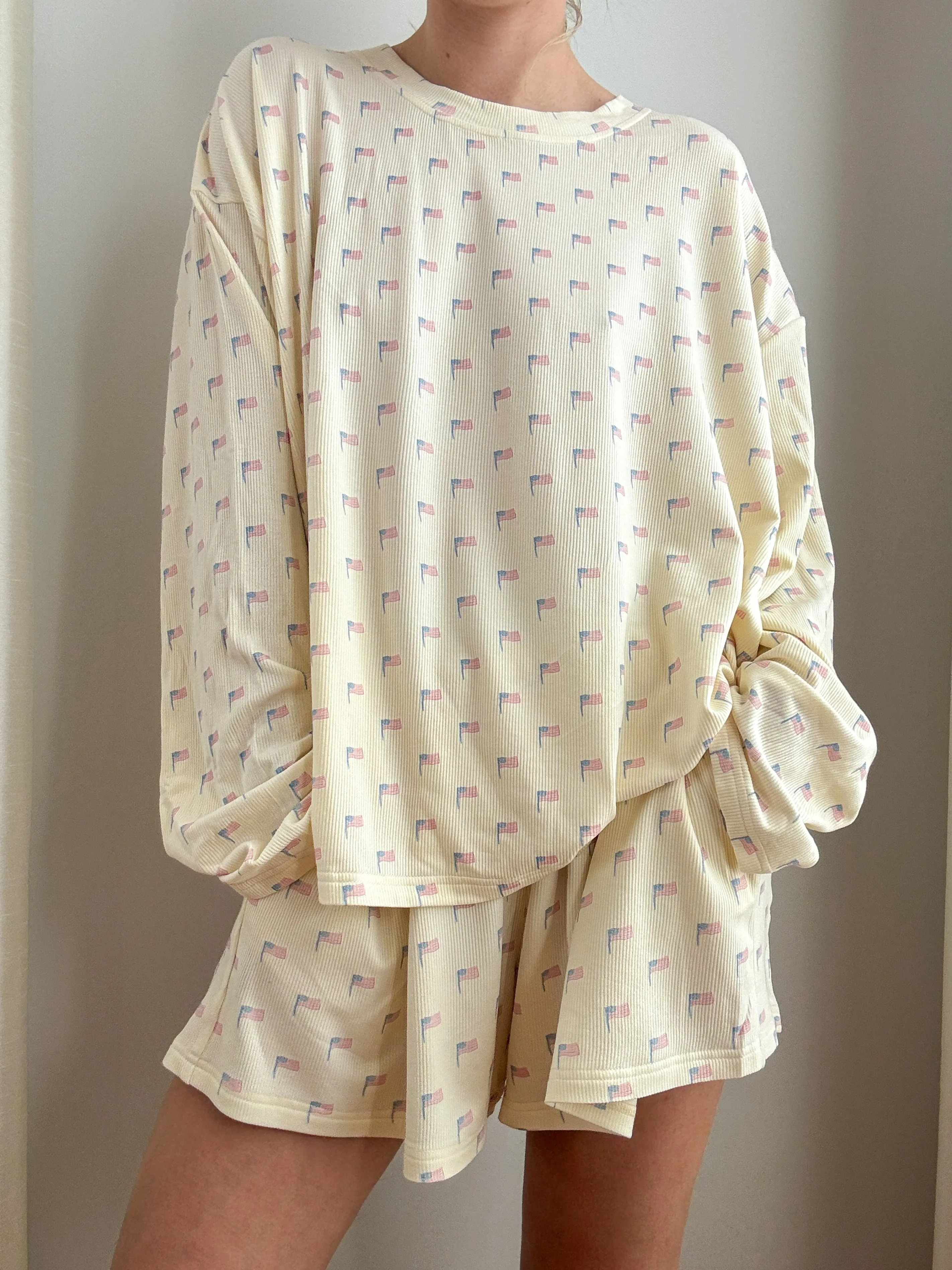 American Flag Pajama Pattern Top (pale yellow)