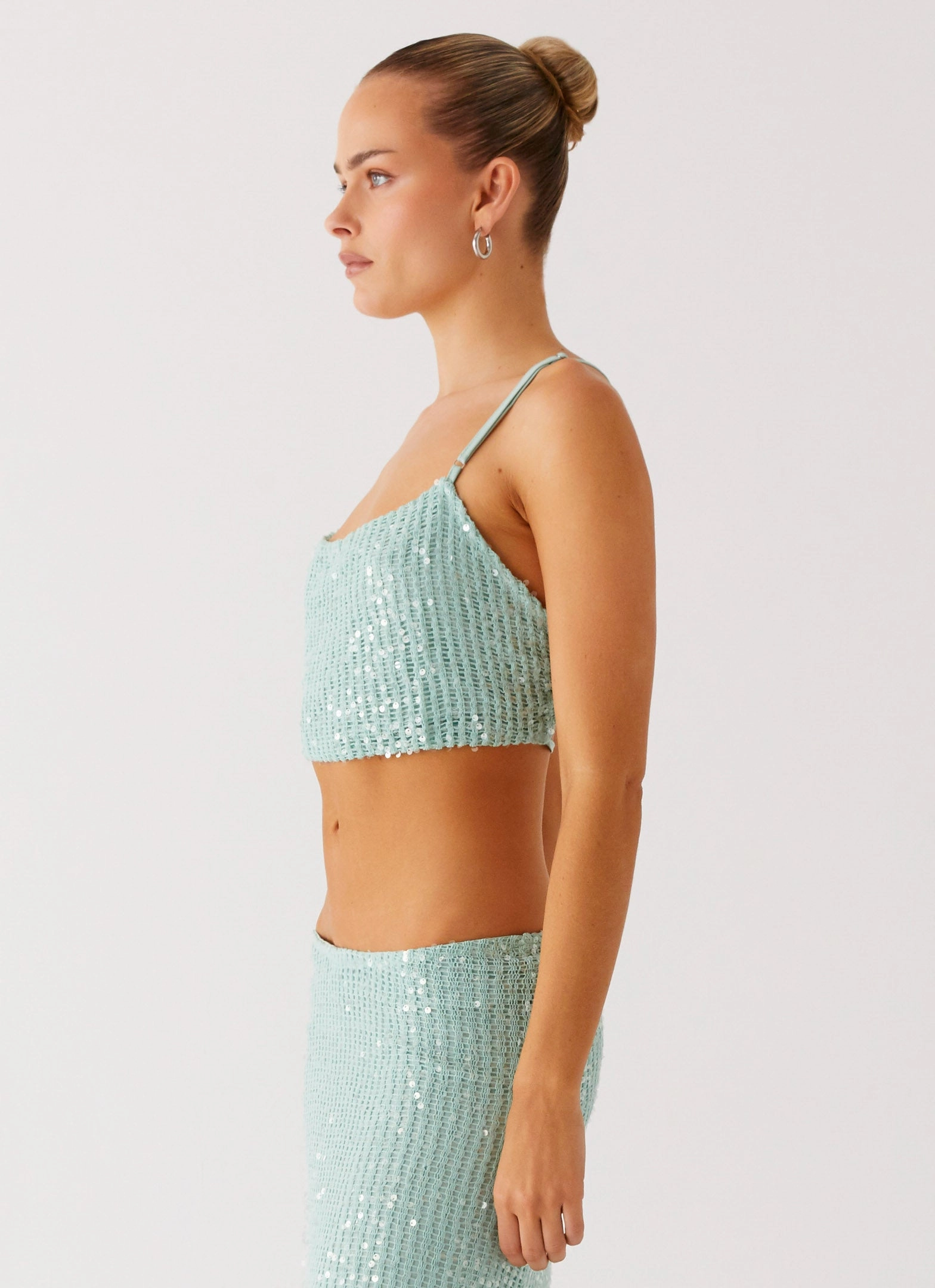Amoura Sequin Cowl Top - Mint Sage High Density Weave