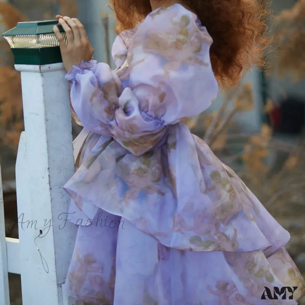 Amy Fashion - Backless Long Puff Sleeve Ruffles Layered A-line Dress