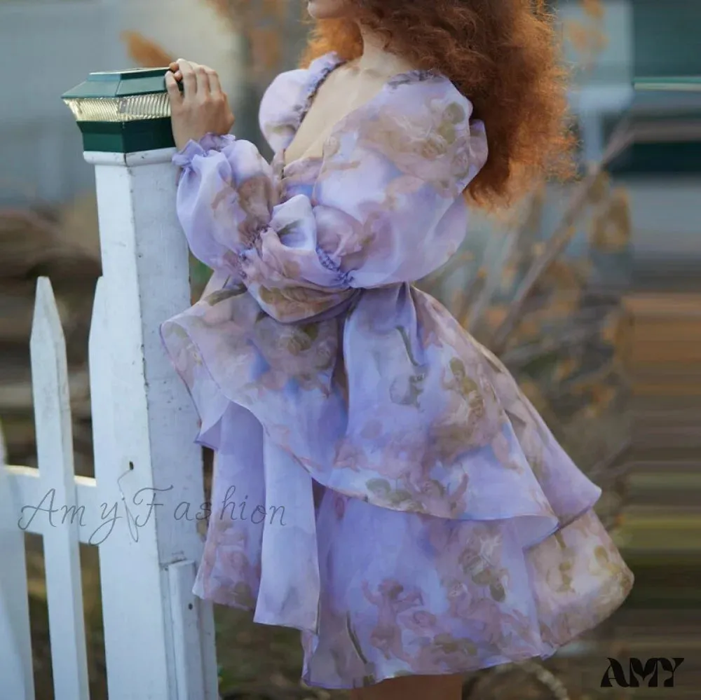 Amy Fashion - Backless Long Puff Sleeve Ruffles Layered A-line Dress