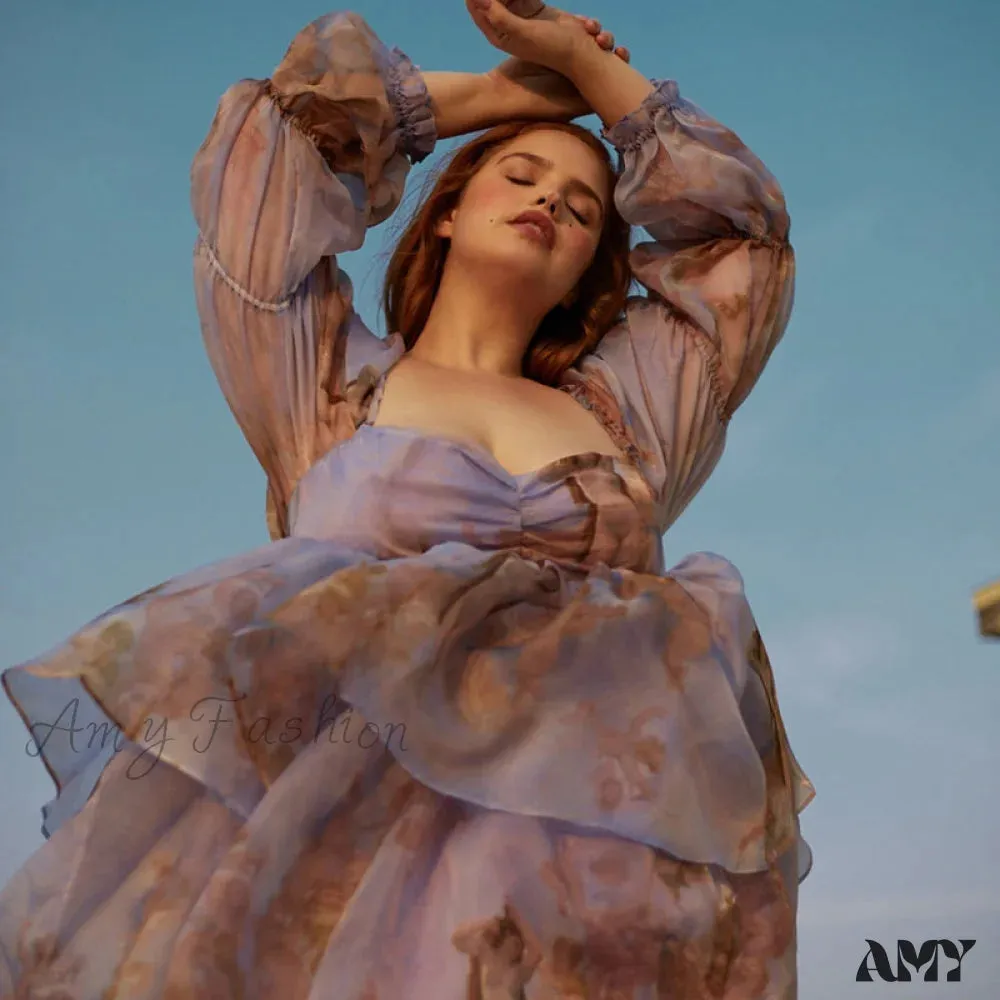 Amy Fashion - Backless Long Puff Sleeve Ruffles Layered A-line Dress