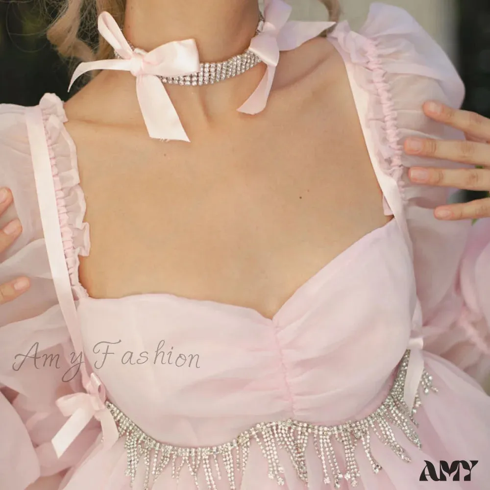 Amy Fashion - Backless Long Puff Sleeve Ruffles Layered A-line Dress