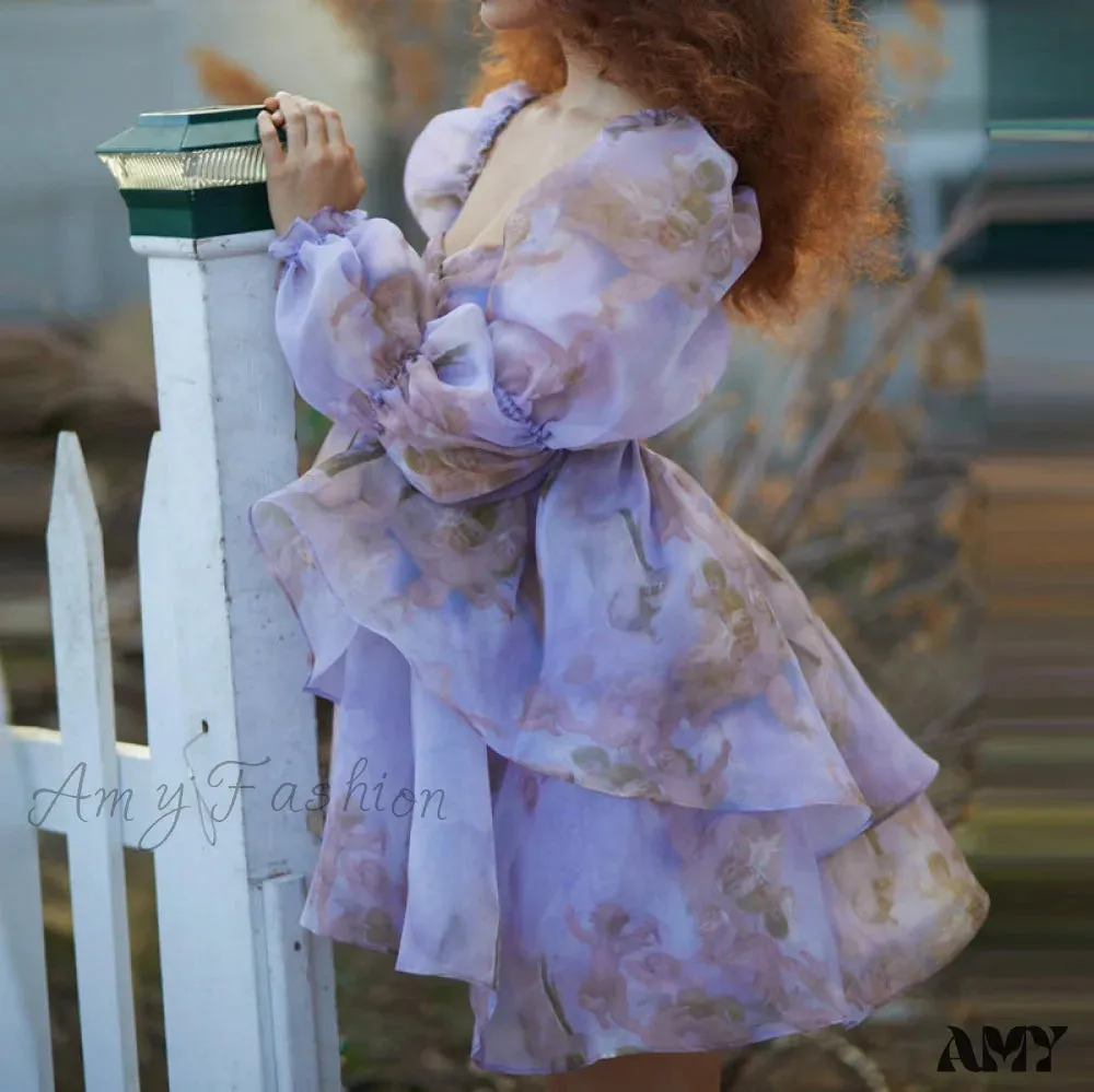 Amy Fashion - Backless Long Puff Sleeve Ruffles Layered A-line Dress