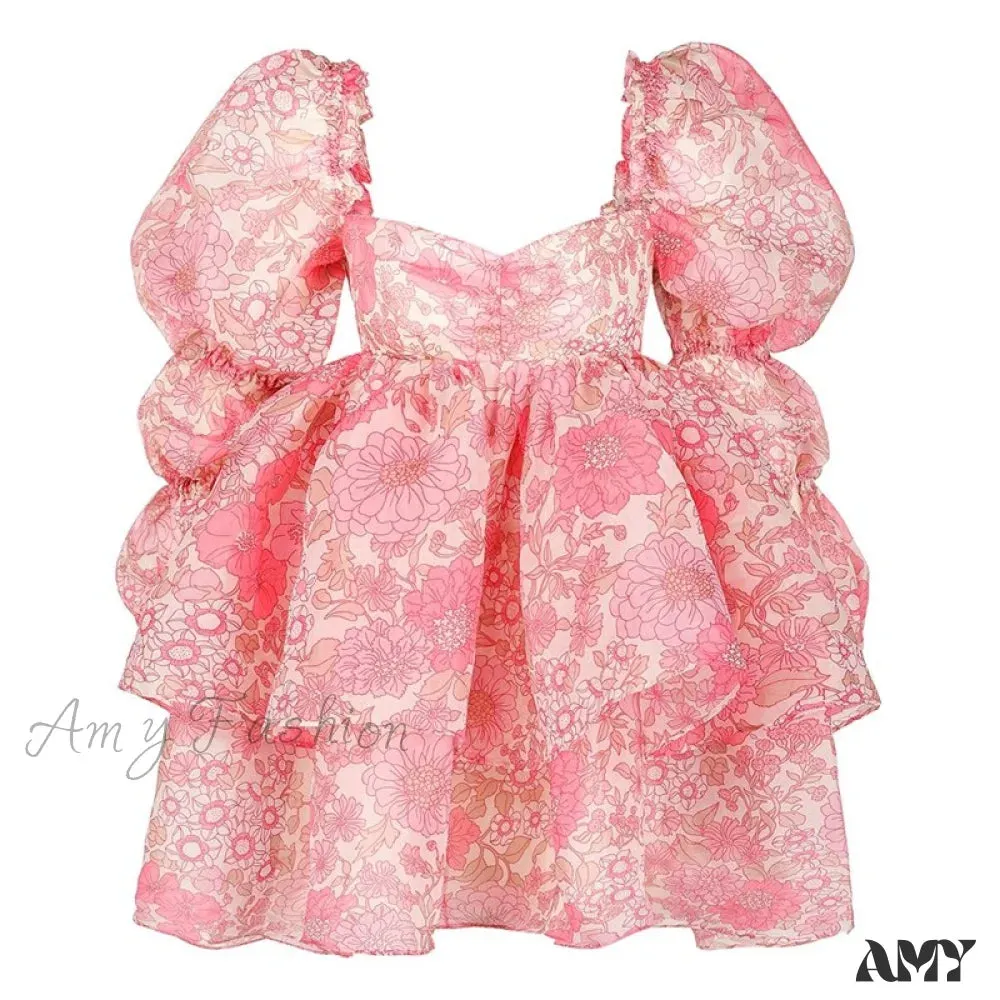 Amy Fashion - Backless Long Puff Sleeve Ruffles Layered A-line Dress