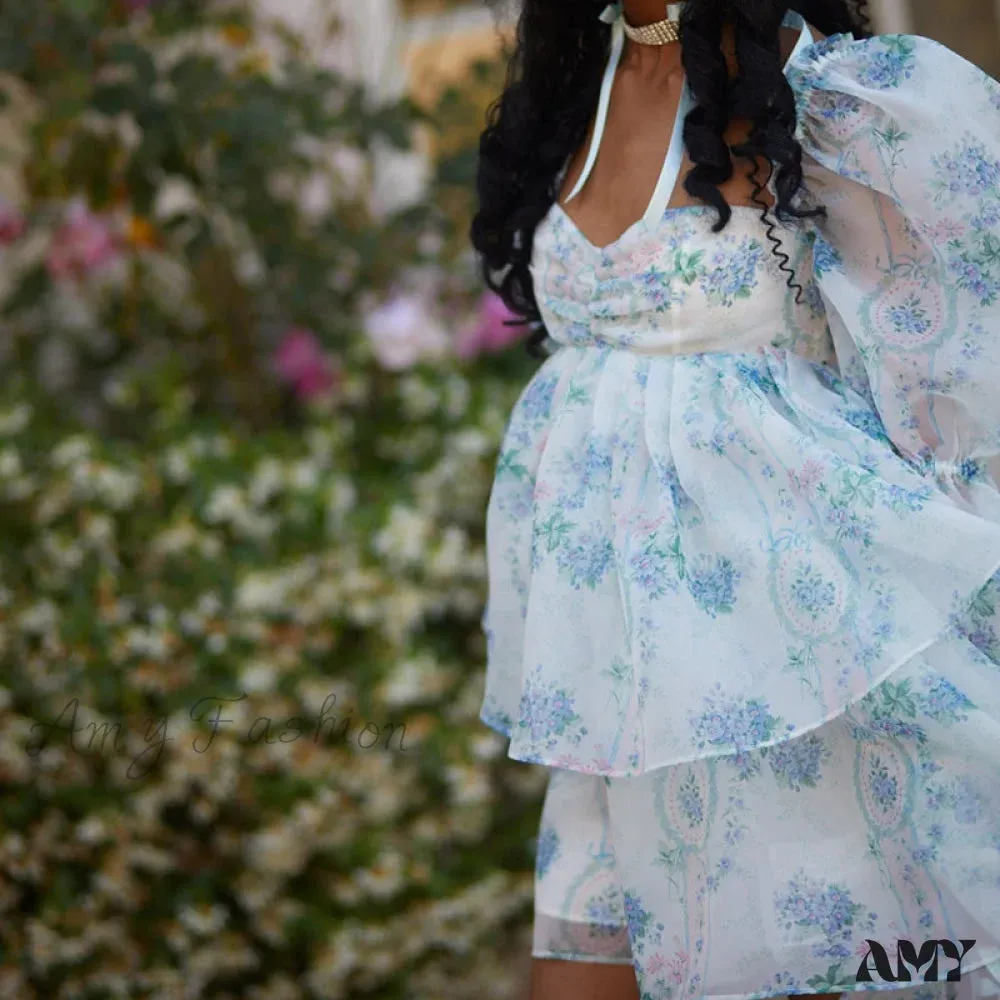 Amy Fashion - Backless Long Puff Sleeve Ruffles Layered A-line Dress