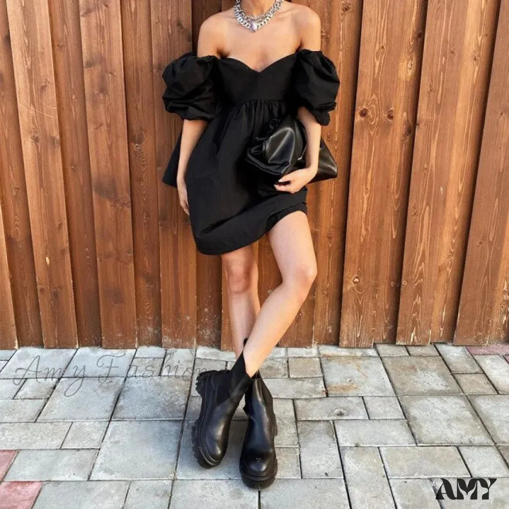 Amy Fashion - Elegant Square Collar Puff Short Sleeve Party Dress