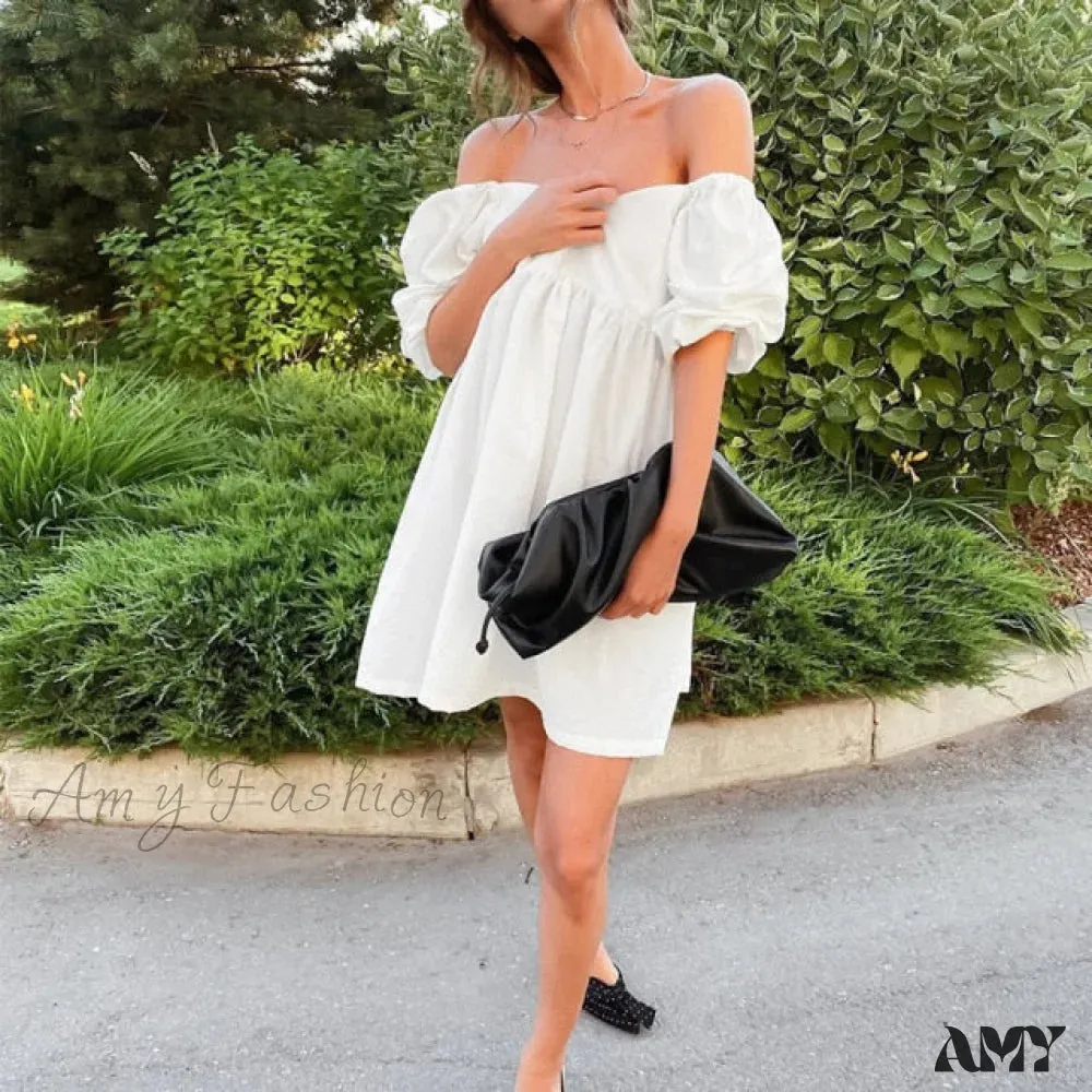 Amy Fashion - Elegant Square Collar Puff Short Sleeve Party Dress