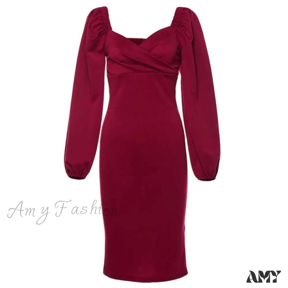 Amy Fashion - Solid Puff Sleeve Sexy Mid-Calf Dresses