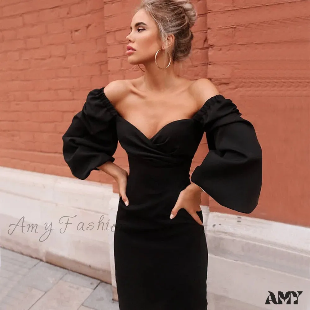 Amy Fashion - Solid Puff Sleeve Sexy Mid-Calf Dresses