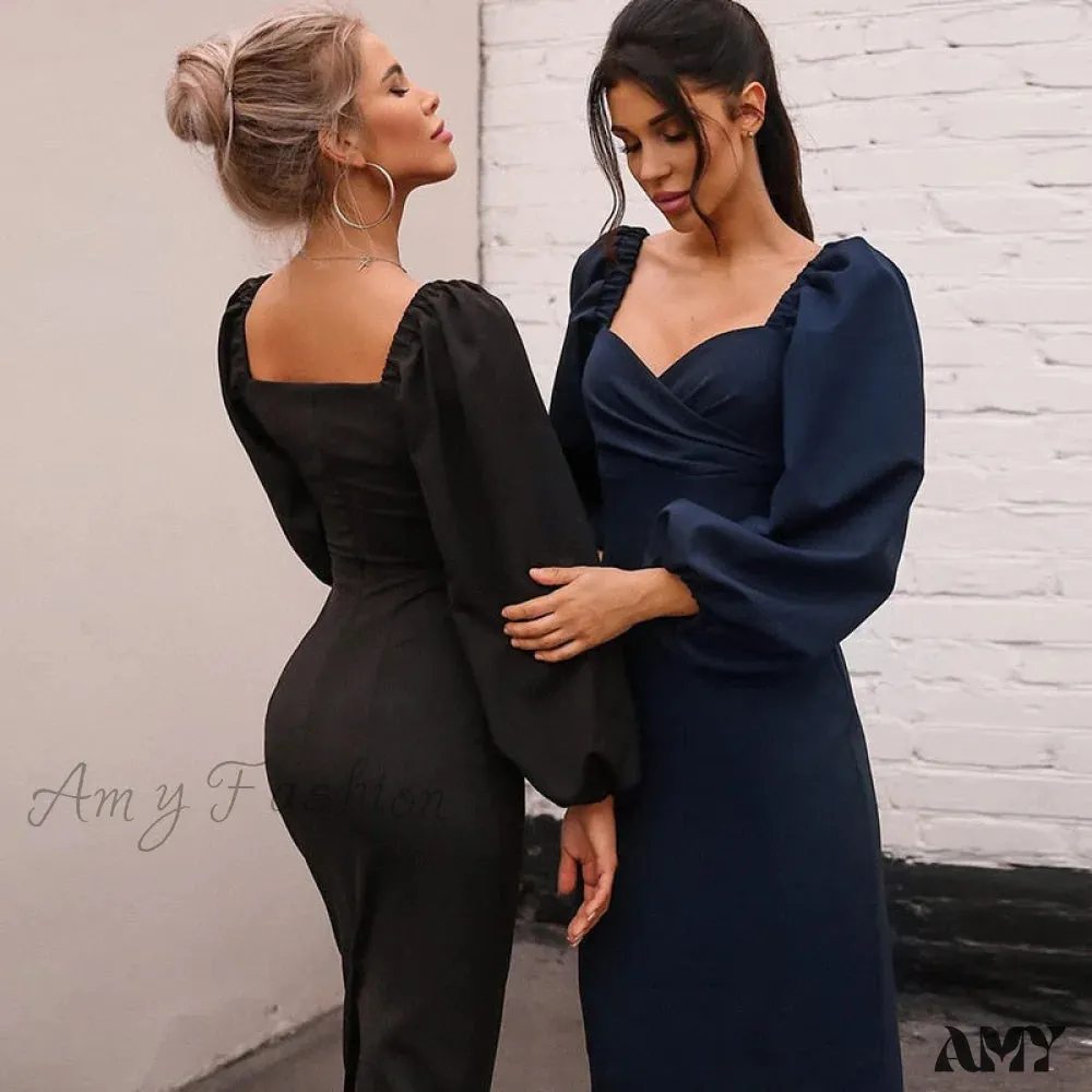 Amy Fashion - Solid Puff Sleeve Sexy Mid-Calf Dresses
