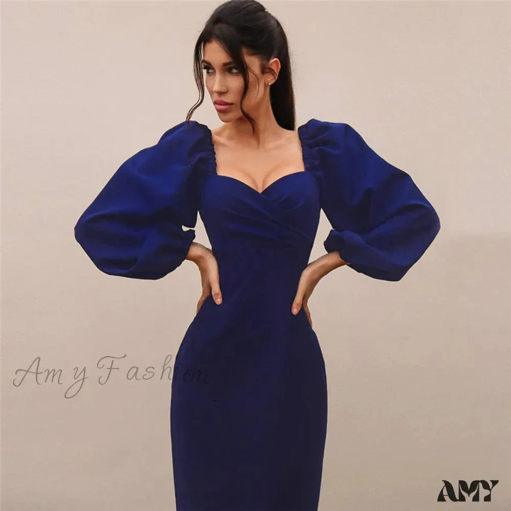 Amy Fashion - Solid Puff Sleeve Sexy Mid-Calf Dresses