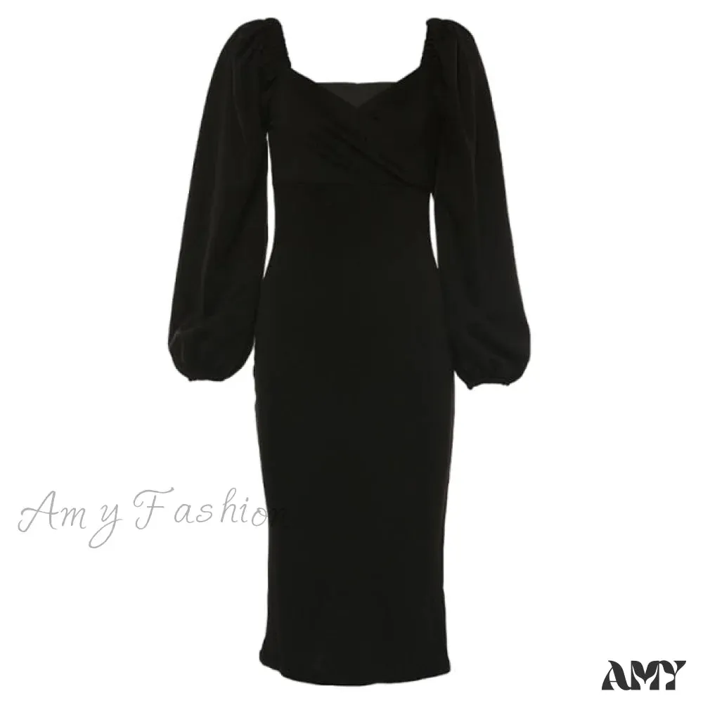 Amy Fashion - Solid Puff Sleeve Sexy Mid-Calf Dresses