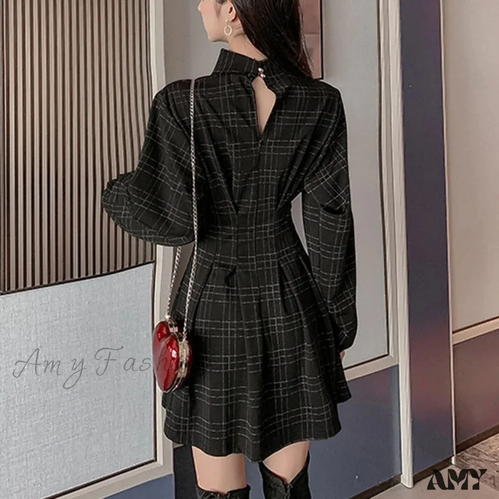 Amy Fashion - Stand Collar Long Sleeve Balck Plaid Pleat Ruched Mini Dress