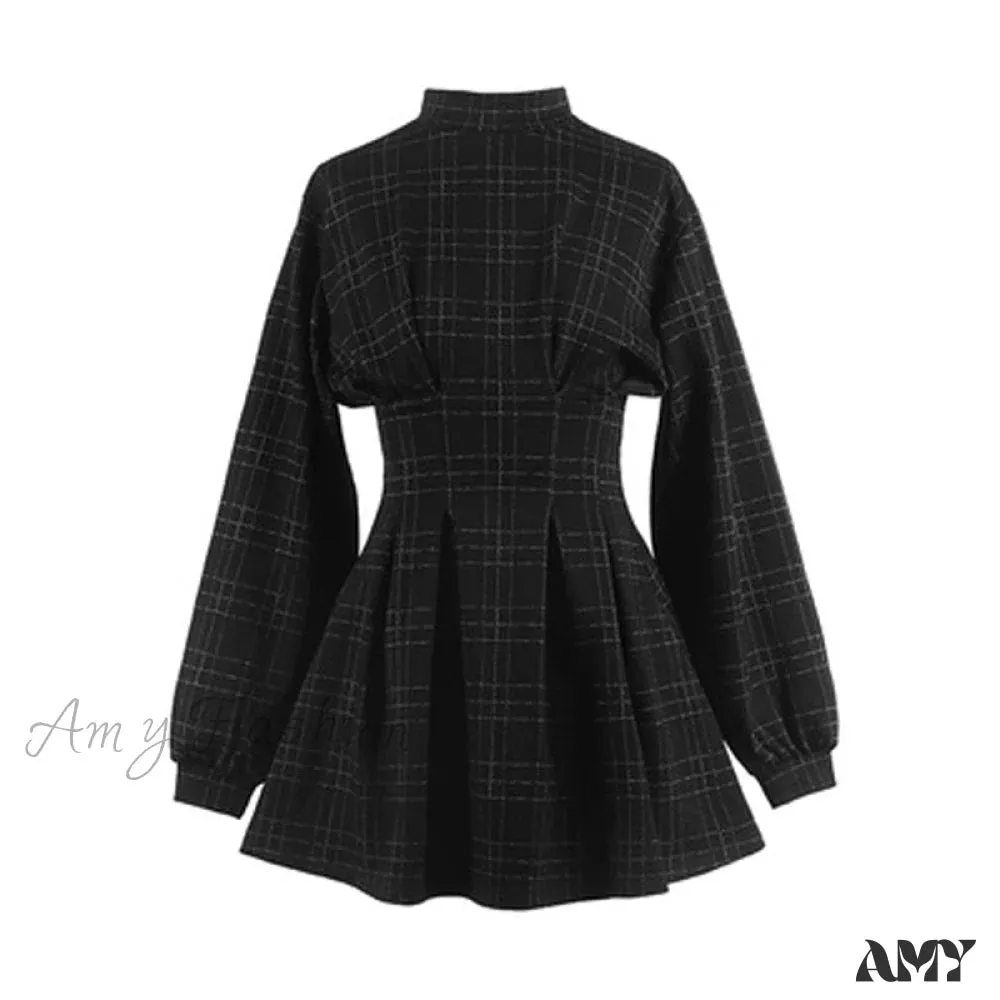 Amy Fashion - Stand Collar Long Sleeve Balck Plaid Pleat Ruched Mini Dress