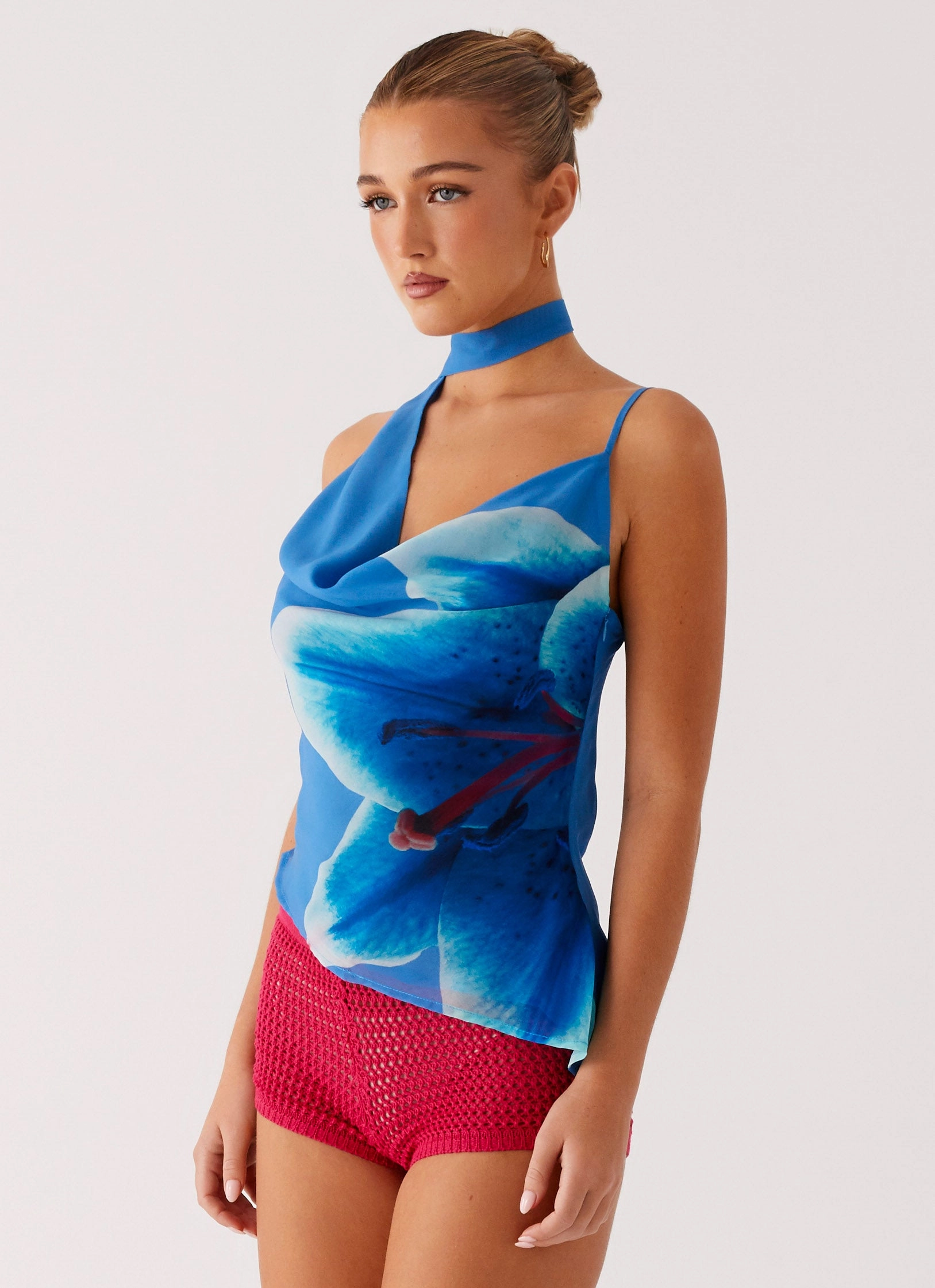 DroppedShoulder Low Profile Stitching Andrina Cowl Neck Top - Oceania Bloom