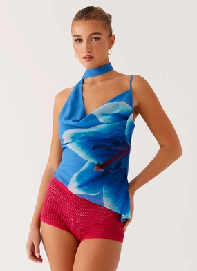 Andrina Cowl Neck Top - Oceania Bloom SoftTouch Material Non Restrictive Collar StretchComfort Andrina Cowl Neck Top - Oceania Bloom