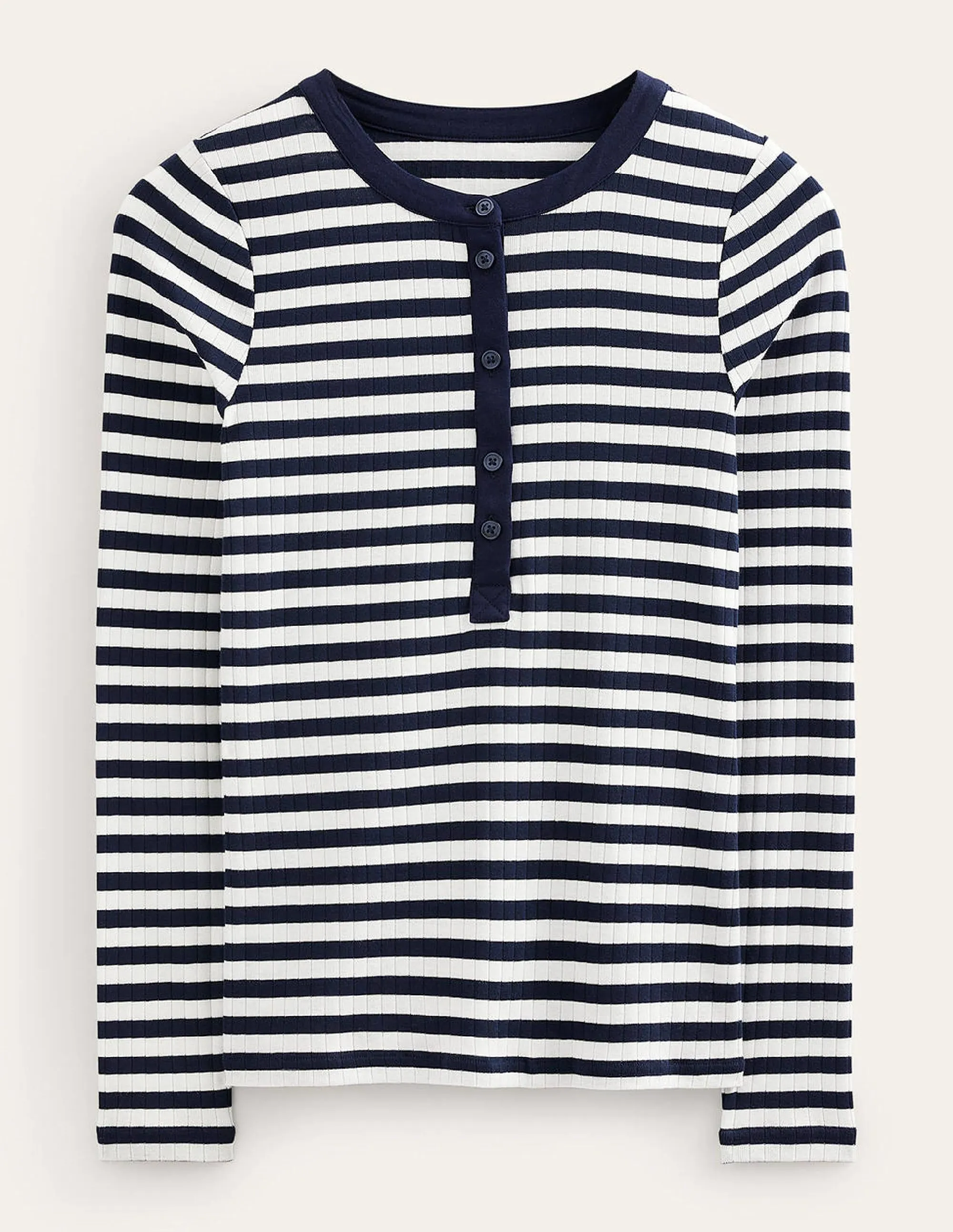 Anna Rib Henley T-Shirt-Navy, Ivory