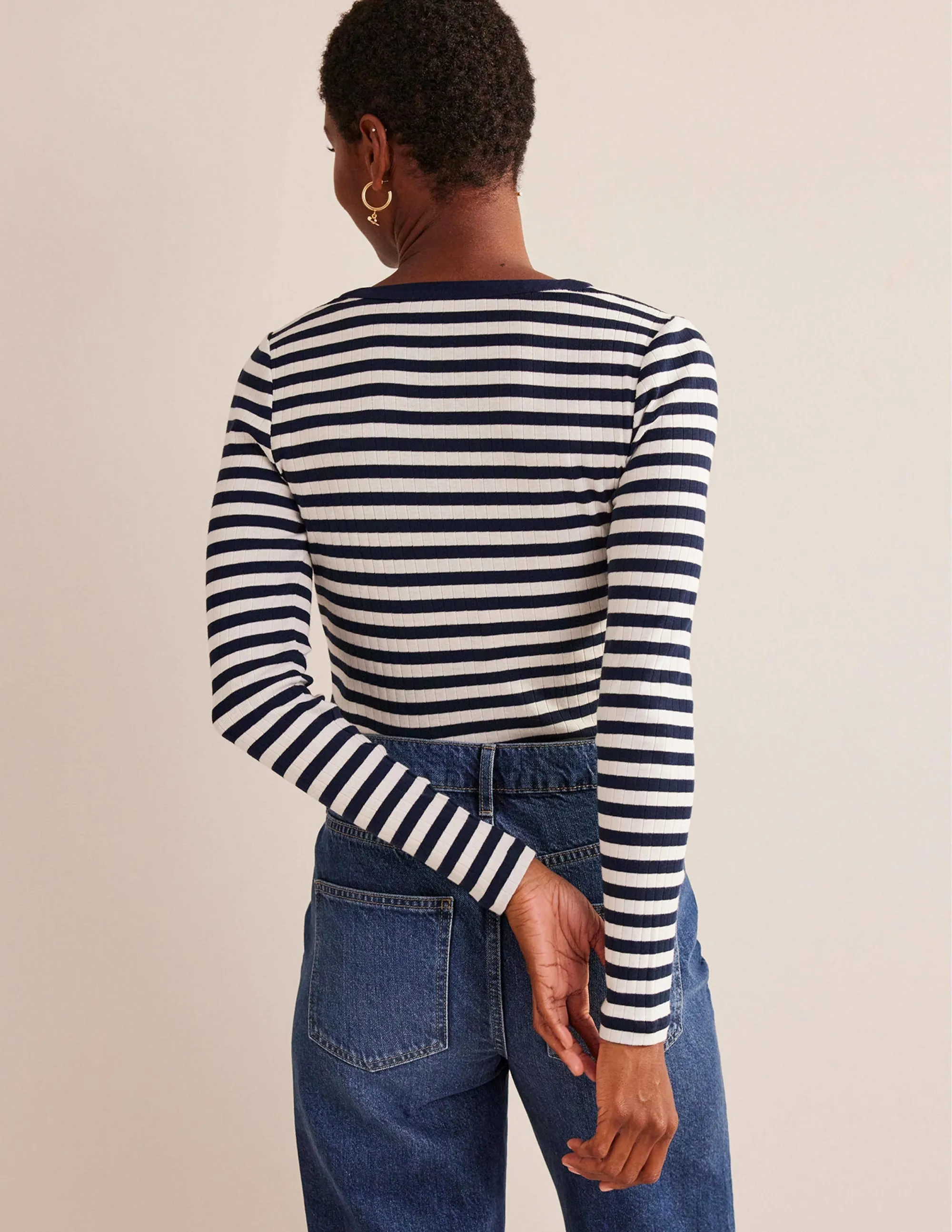 Anna Rib Henley T-Shirt-Navy, Ivory