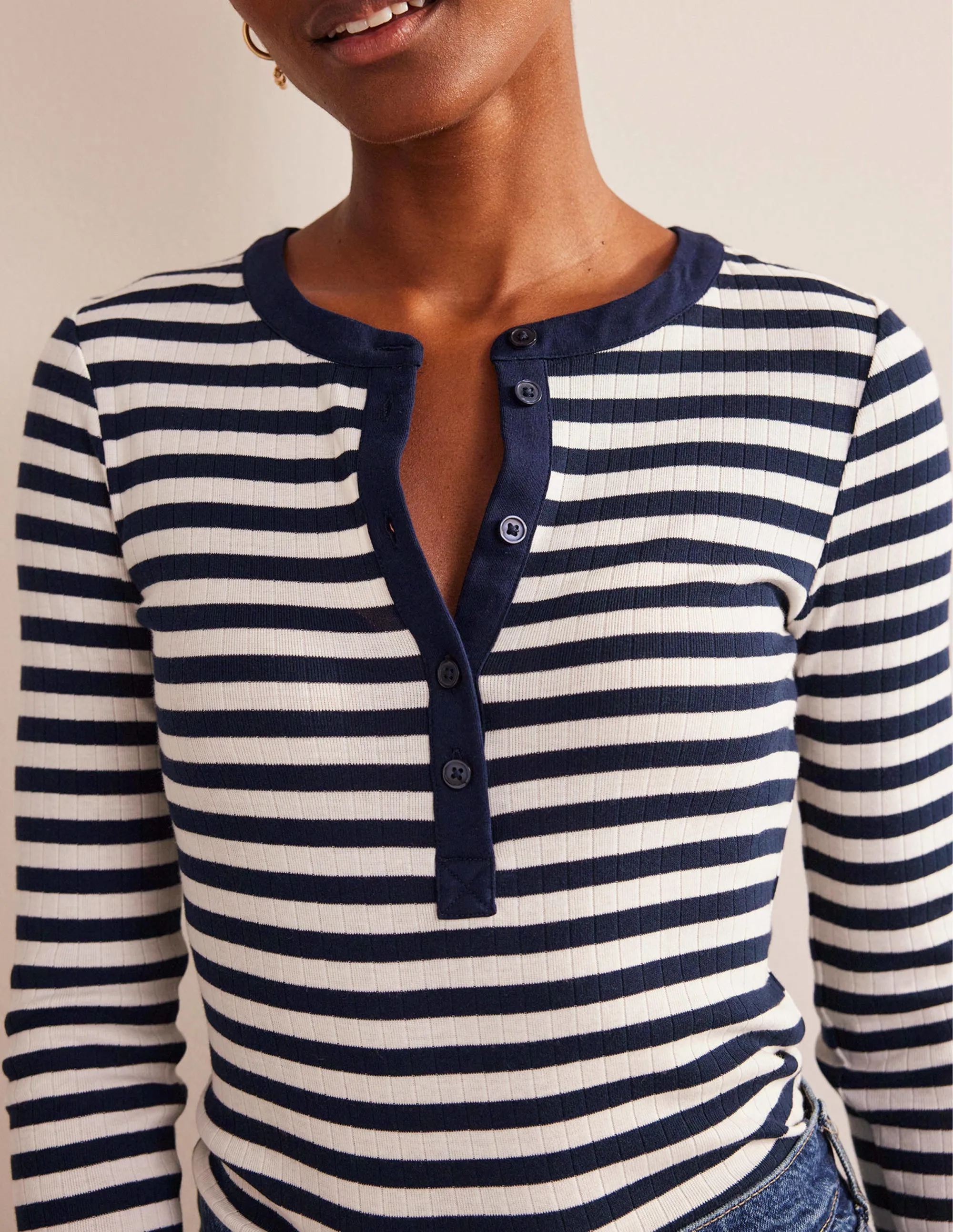 Anna Rib Henley T-Shirt-Navy, Ivory