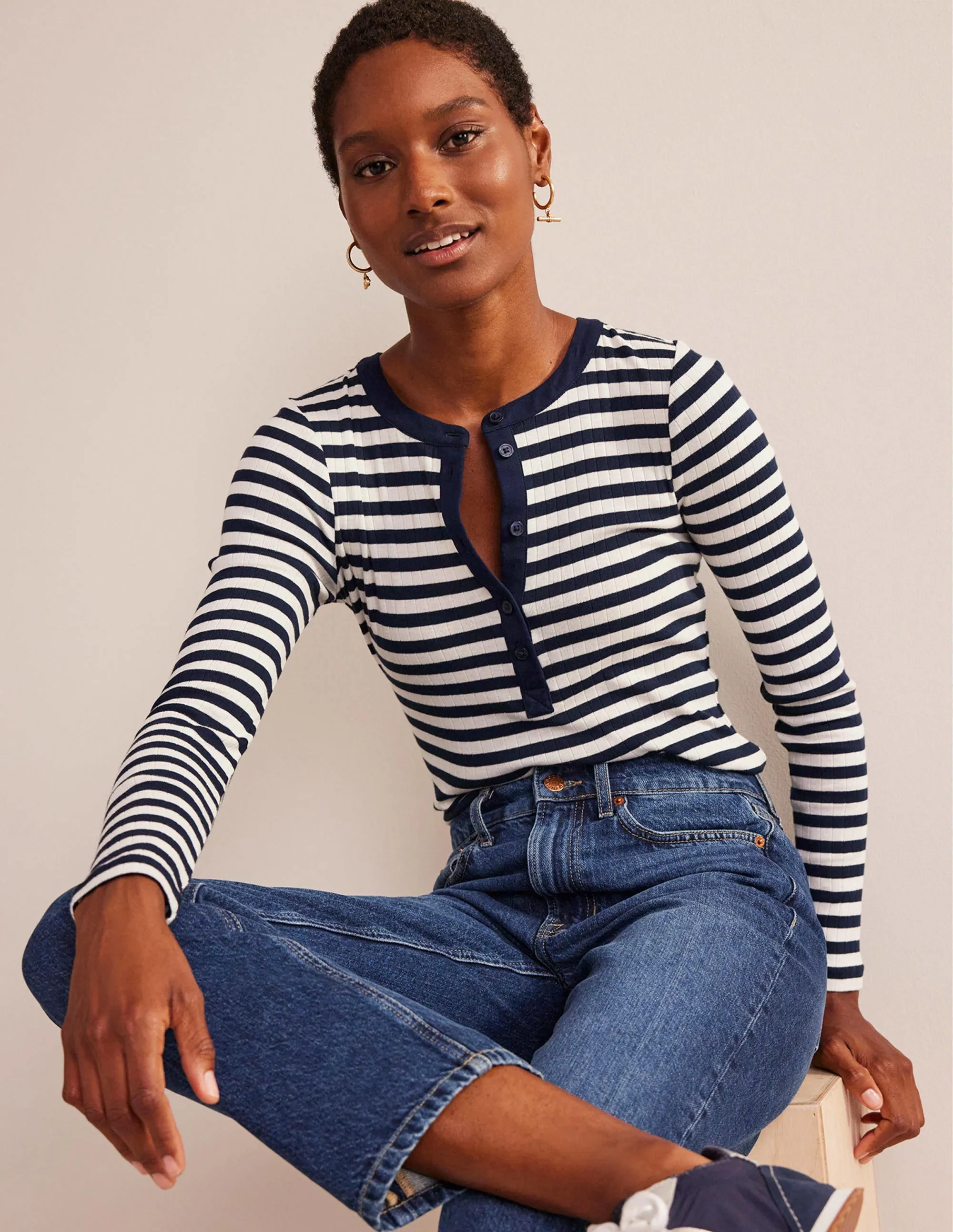 Anna Rib Henley T-Shirt-Navy, Ivory
