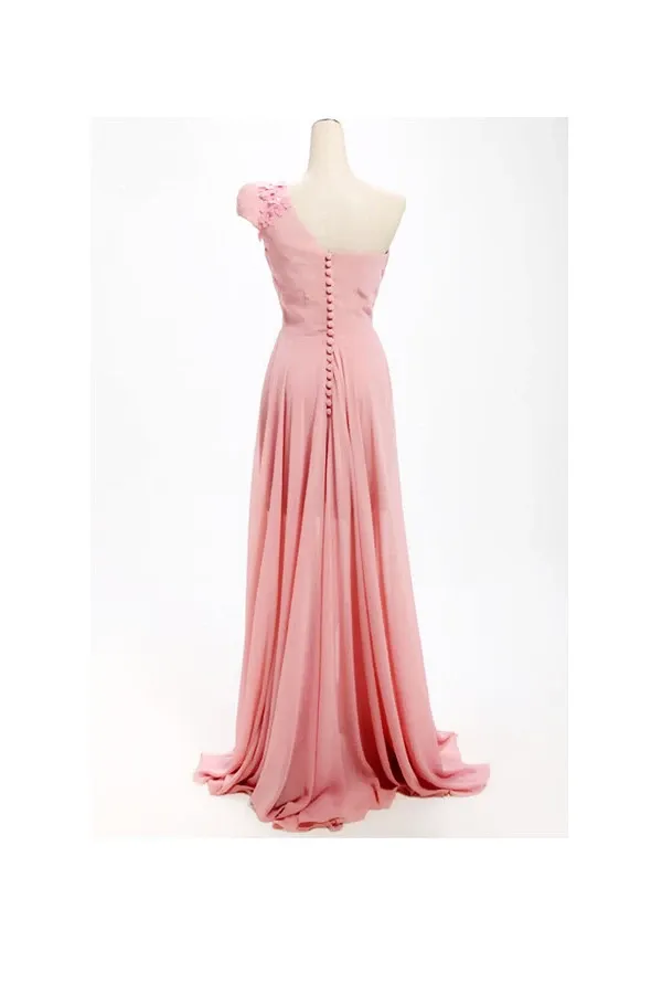Anneprom A-Line One Shoulder Long Chiffon Bridesmaid Dress With Flowers APB0052