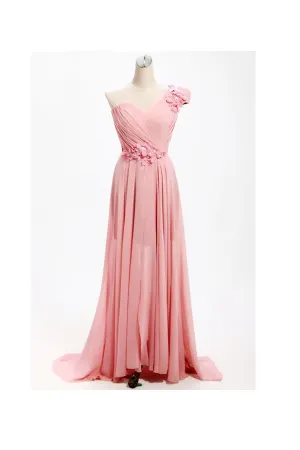Anneprom A-Line One Shoulder Long Chiffon Bridesmaid Dress With Flowers APB0052