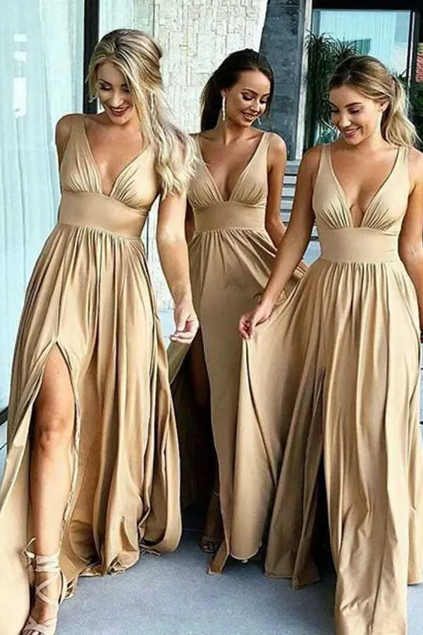 Anneprom A-Line V-Neck Elastic Satin Bridesmaid Dress With Split APB0003