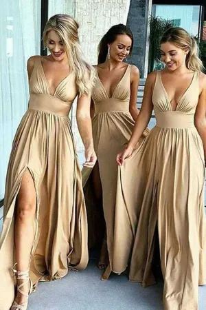 Anneprom A-Line V-Neck Elastic Satin Bridesmaid Dress With Split APB0003