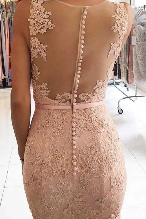 Anneprom Mermaid V-Neck Sweep Train Pink Lace Prom Dress With Beading APP0215