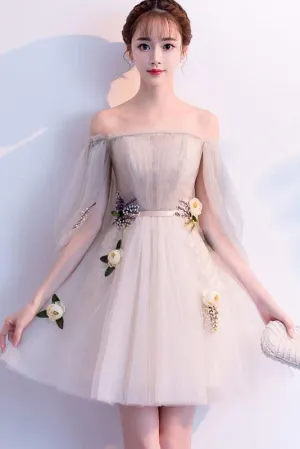 Anneprom Off the Shoulder Long Sleeve Above Knee Tulle Homecoming Dresses, Short Dresses APH0103