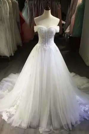 Anneprom Sexy Off Shoulder White Tulle Wedding Dresses With Applique APW0195