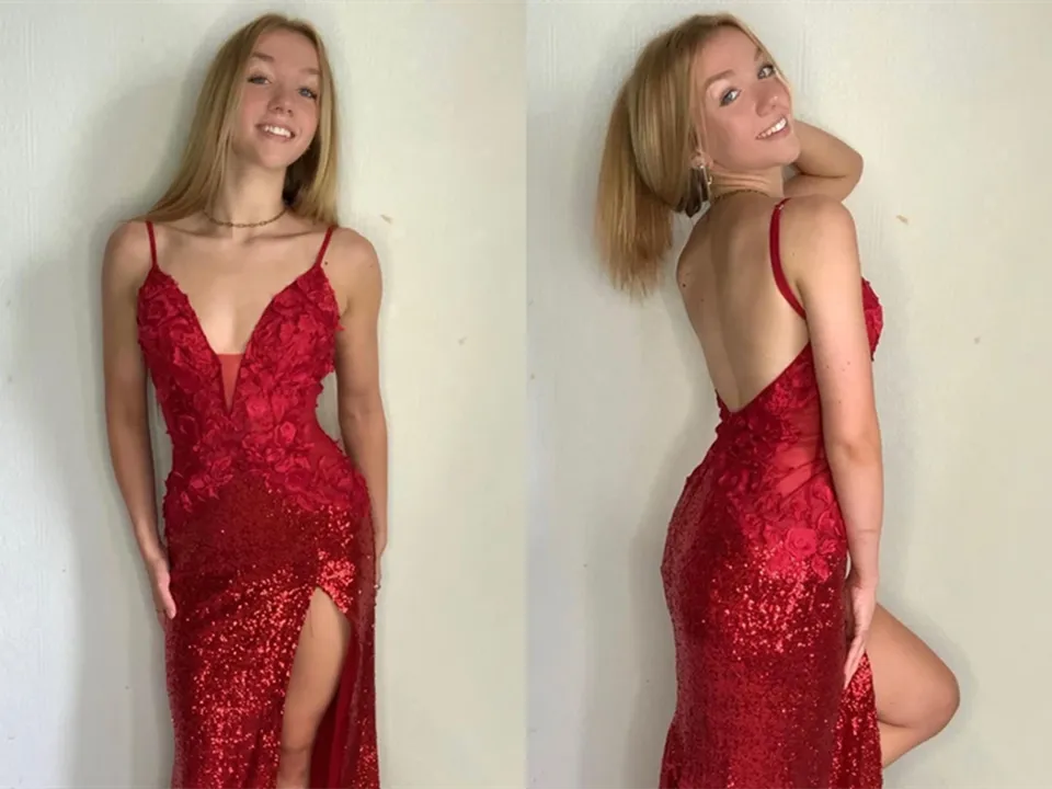 Anneprom Shining Sequin Lace Spaghetti Straps V Neckline Sheath Prom Dresses APP0493