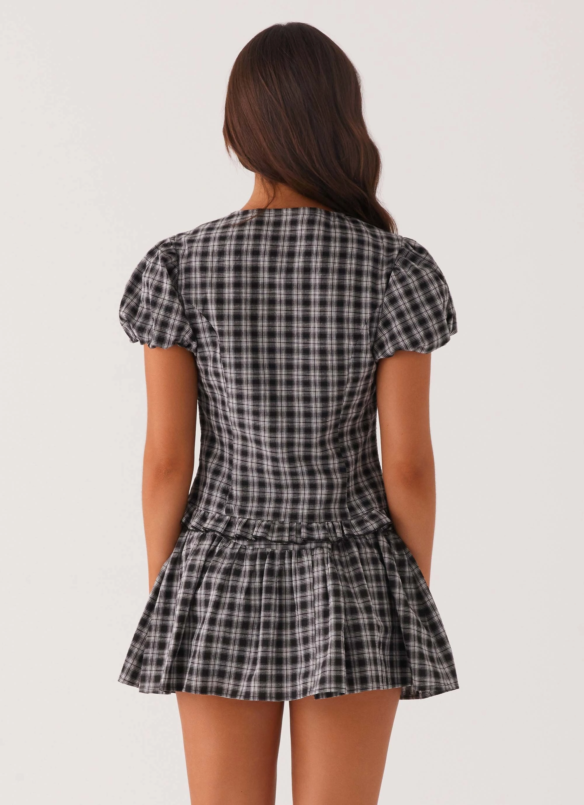Annie Puff Sleeve Top - White Black Check PlacketDetail ThermalInsulation
