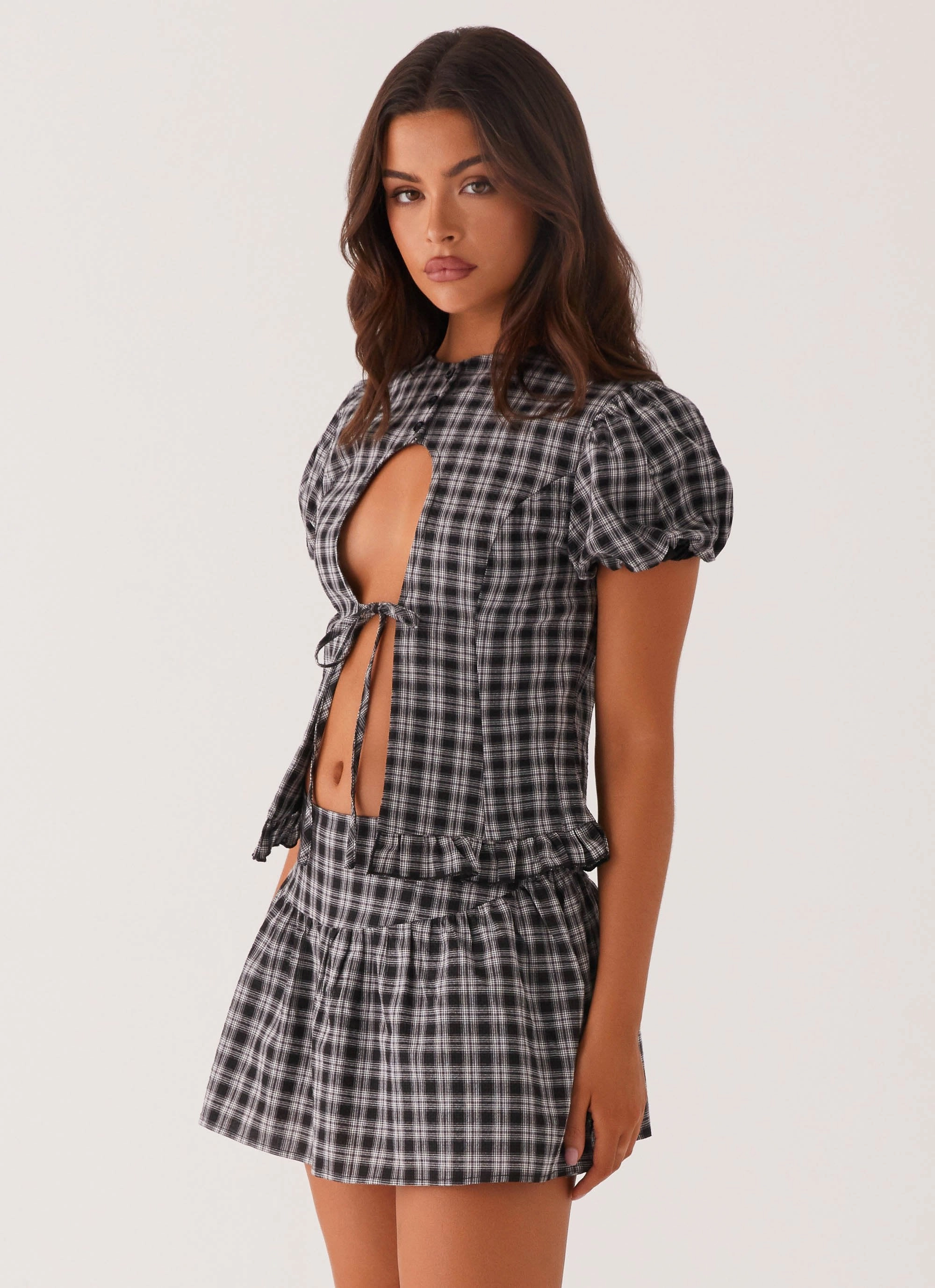 Annie Puff Sleeve Top - White Black Check summer look Lightweight Knit