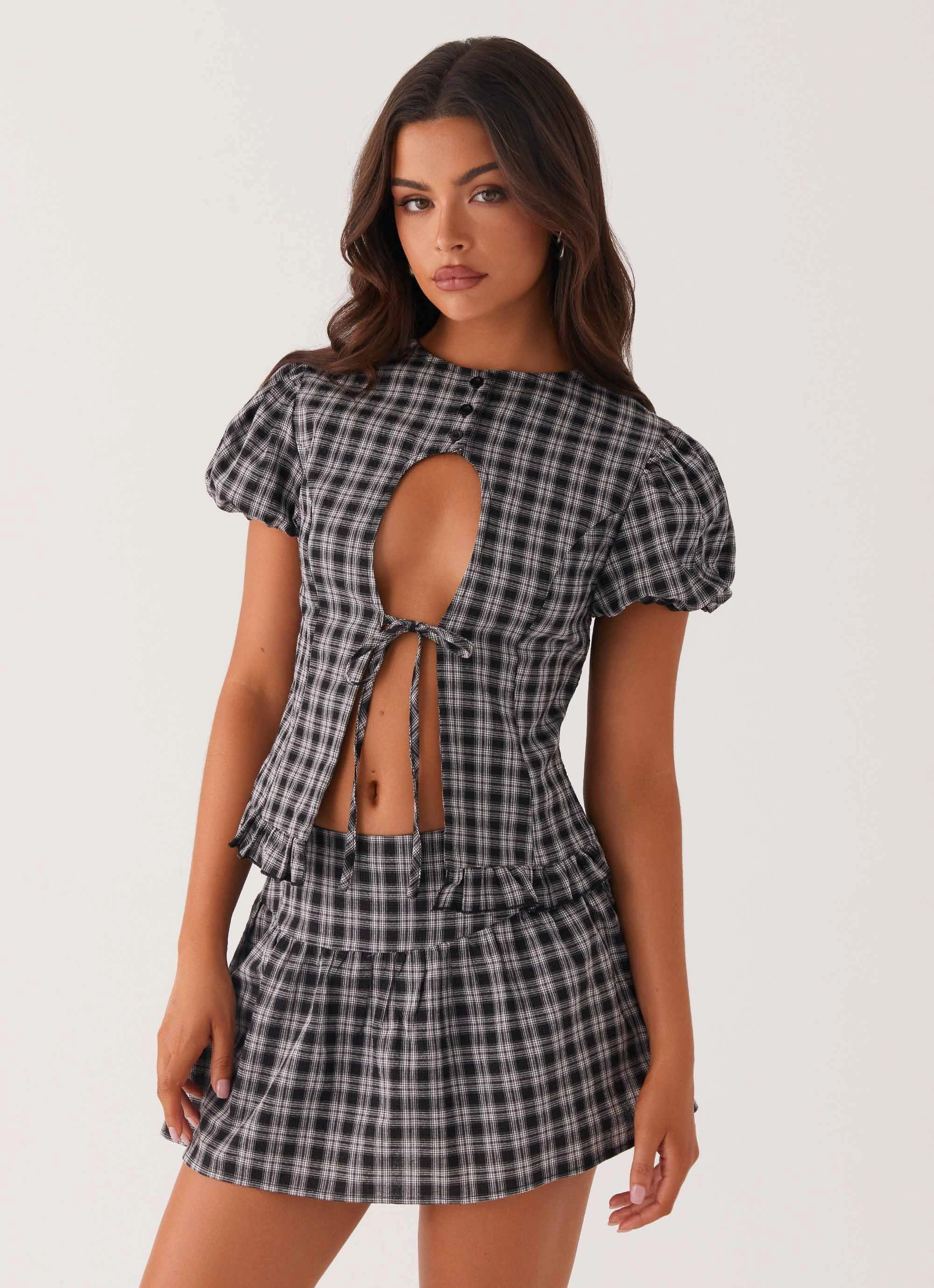 Annie Puff Sleeve Top - White Black Check Non Chafe Armholes AdjustableCuffSystem