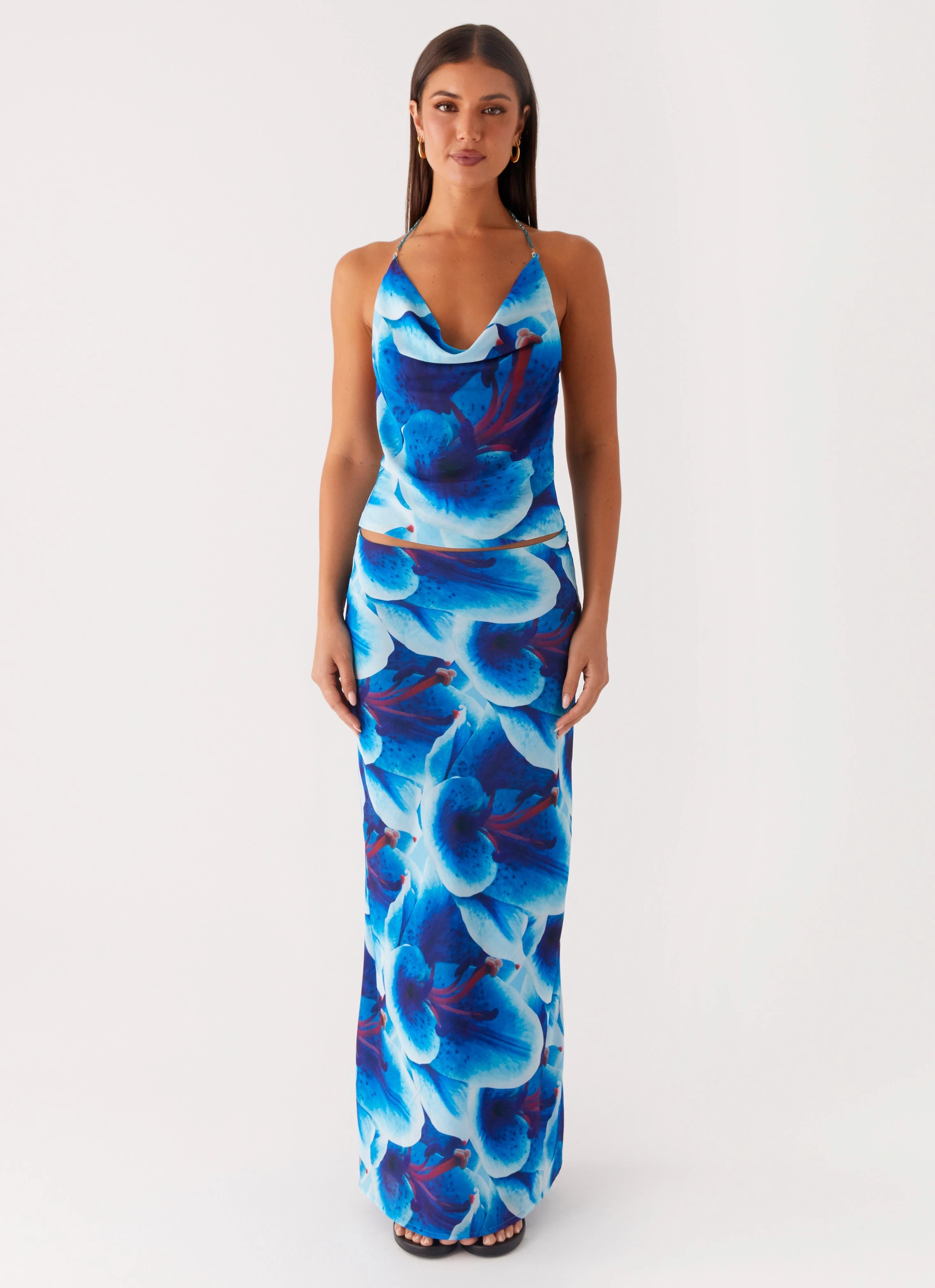 Another Life Chiffon Maxi Skirt - Turquoise Floral Vibrant Flow