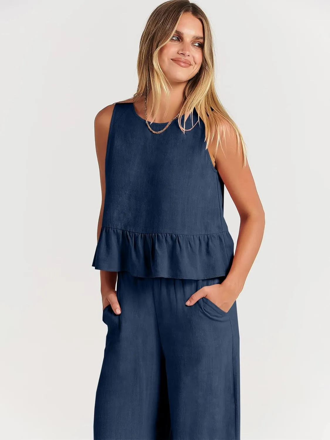 ANRABESS Women Summer 2 Piece Outfits Sleeveless Tank Crop Top Wide Leg Pants Linen Jumpsuits Lounge Matching Beach Sets
