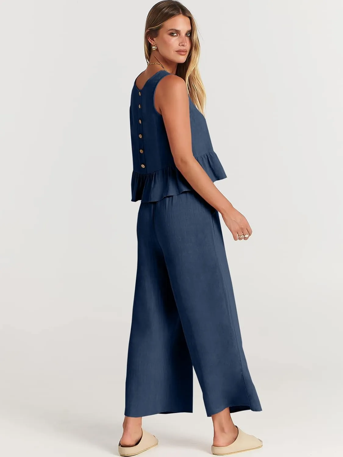 ANRABESS Women Summer 2 Piece Outfits Sleeveless Tank Crop Top Wide Leg Pants Linen Jumpsuits Lounge Matching Beach Sets