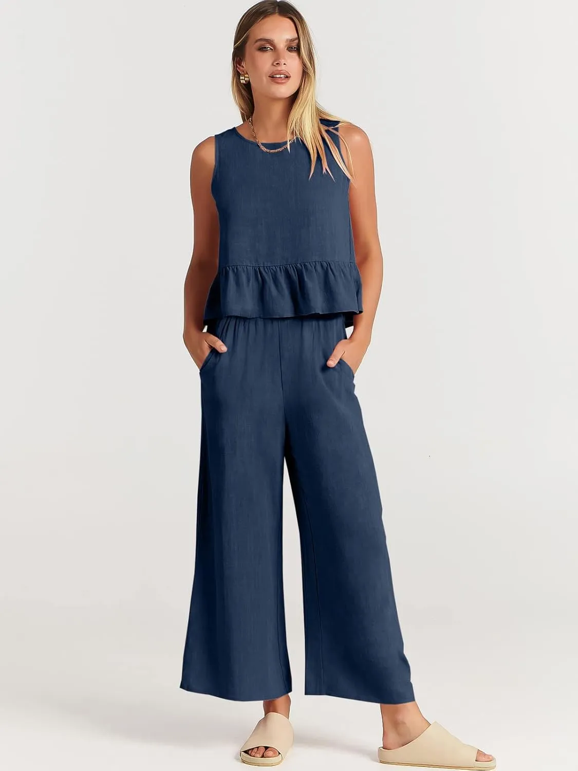 ANRABESS Women Summer 2 Piece Outfits Sleeveless Tank Crop Top Wide Leg Pants Linen Jumpsuits Lounge Matching Beach Sets