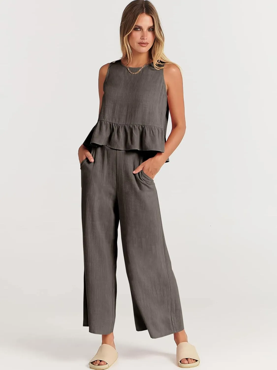 ANRABESS Women Summer 2 Piece Outfits Sleeveless Tank Crop Top Wide Leg Pants Linen Jumpsuits Lounge Matching Beach Sets