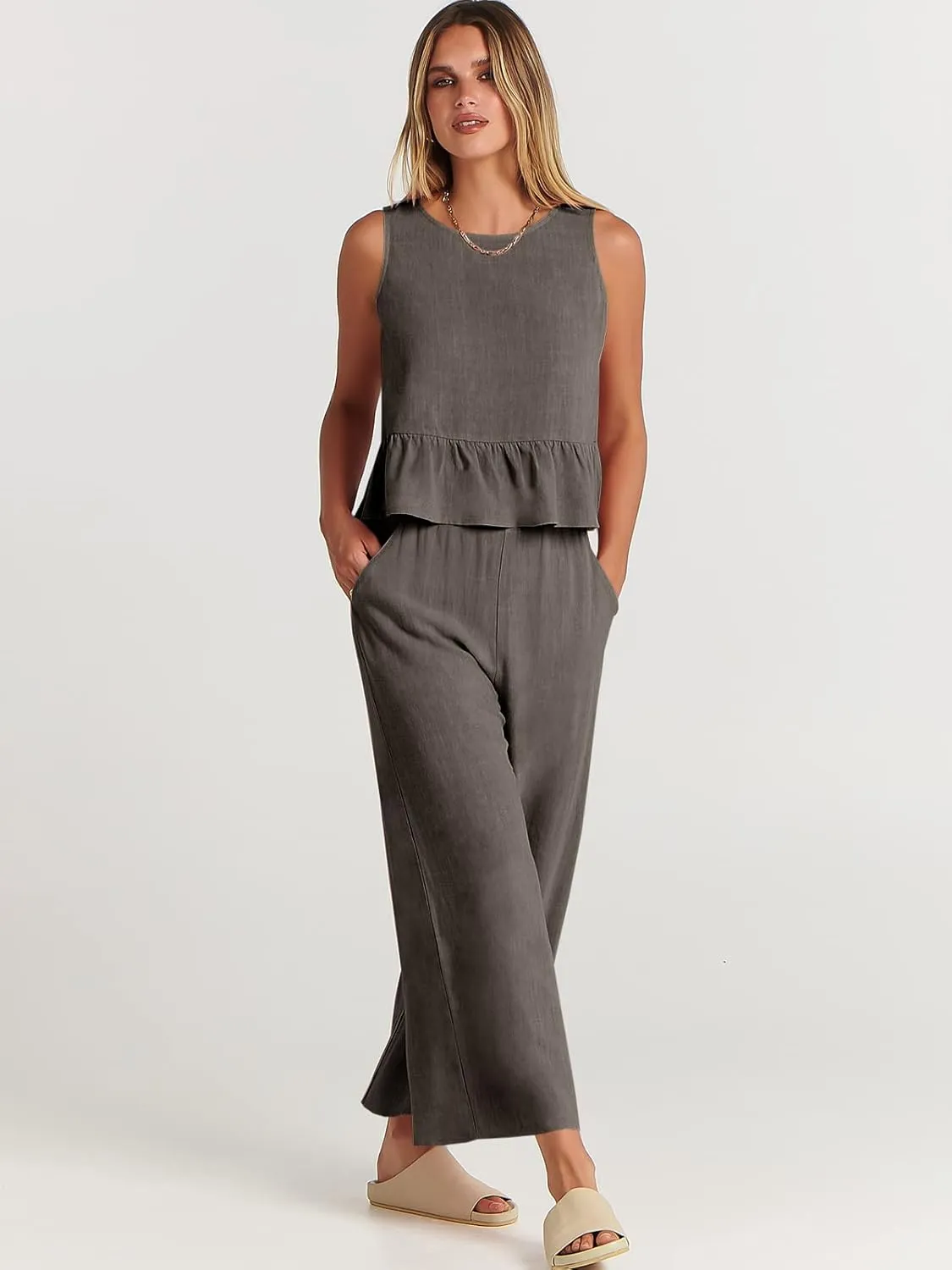 ANRABESS Women Summer 2 Piece Outfits Sleeveless Tank Crop Top Wide Leg Pants Linen Jumpsuits Lounge Matching Beach Sets