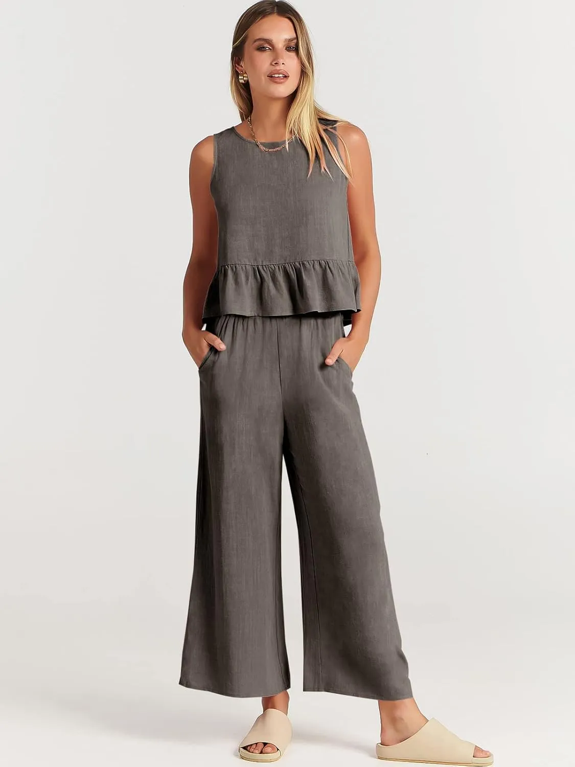 ANRABESS Women Summer 2 Piece Outfits Sleeveless Tank Crop Top Wide Leg Pants Linen Jumpsuits Lounge Matching Beach Sets