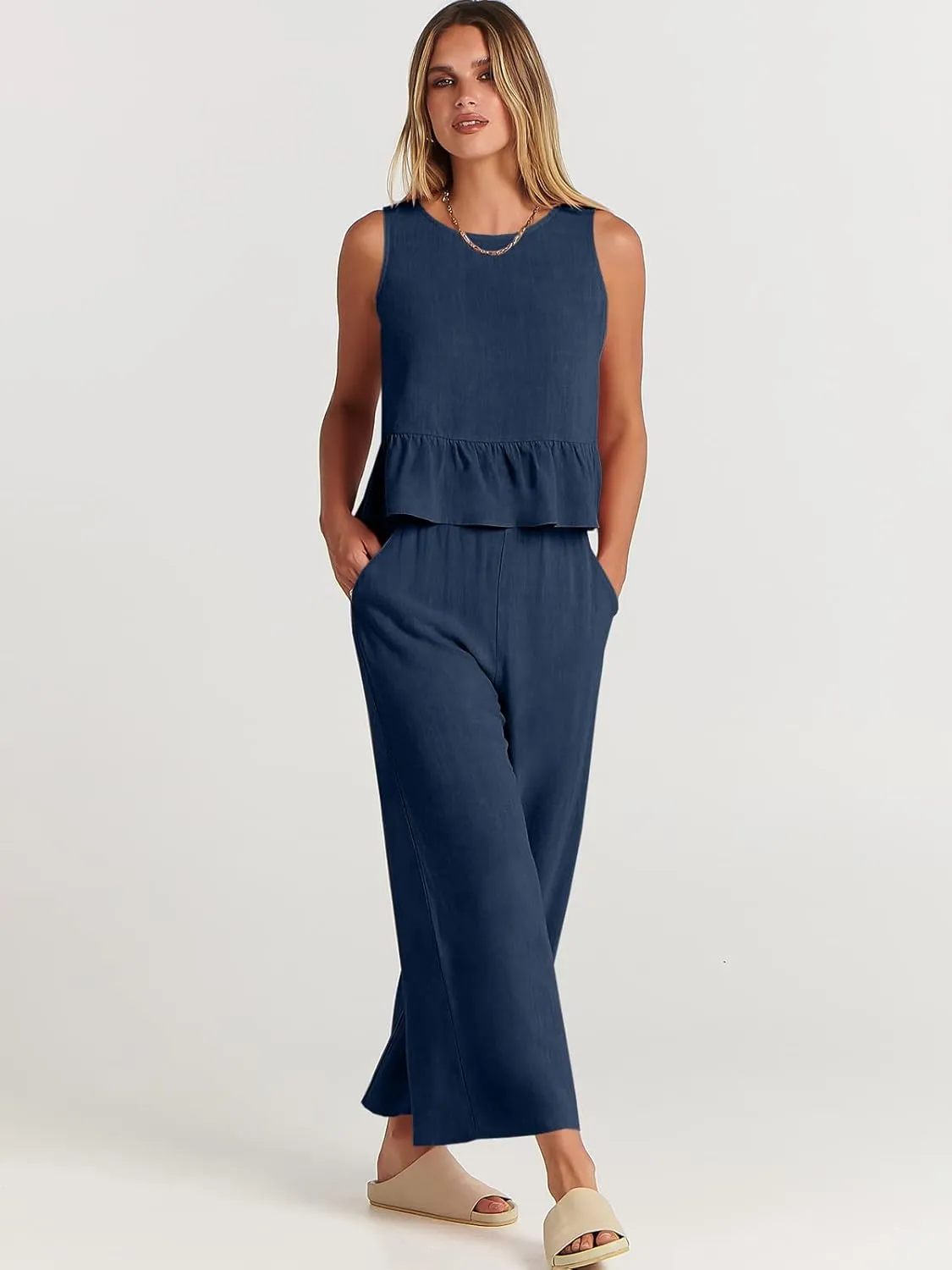 ANRABESS Women Summer 2 Piece Outfits Sleeveless Tank Crop Top Wide Leg Pants Linen Jumpsuits Lounge Matching Beach Sets