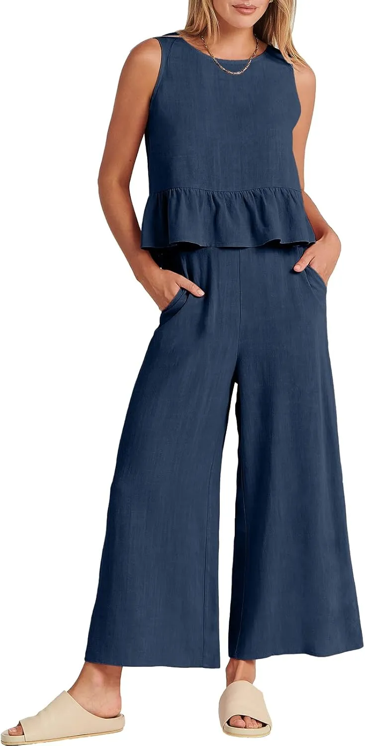ANRABESS Women Summer 2 Piece Outfits Sleeveless Tank Crop Top Wide Leg Pants Linen Jumpsuits Lounge Matching Beach Sets