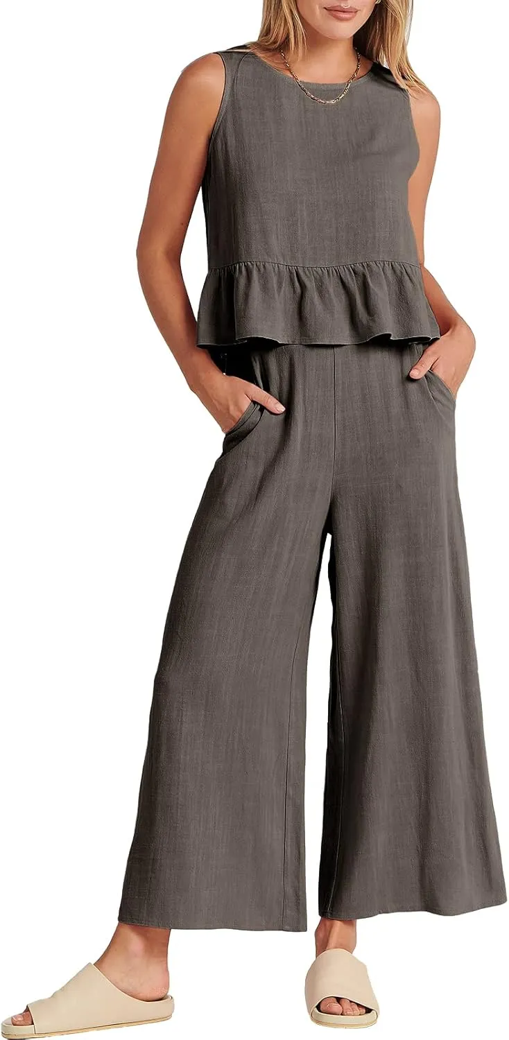 ANRABESS Women Summer 2 Piece Outfits Sleeveless Tank Crop Top Wide Leg Pants Linen Jumpsuits Lounge Matching Beach Sets