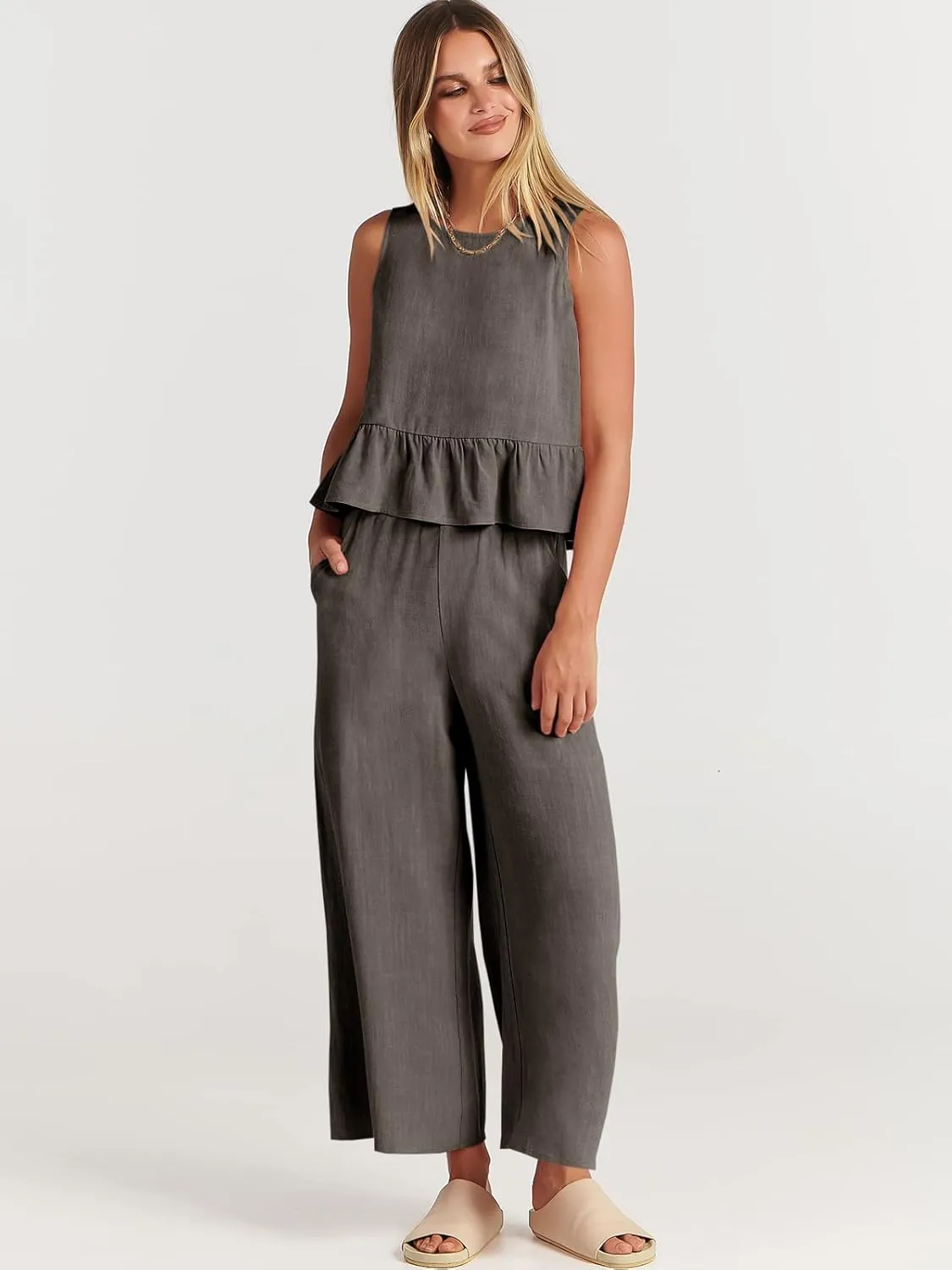 ANRABESS Women Summer 2 Piece Outfits Sleeveless Tank Crop Top Wide Leg Pants Linen Jumpsuits Lounge Matching Beach Sets