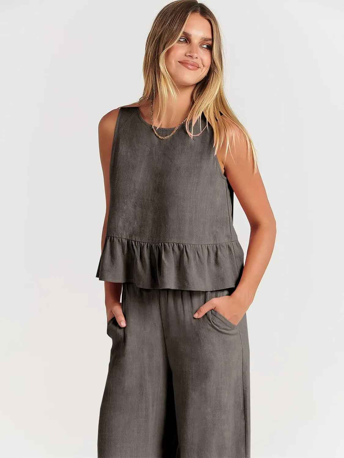 ANRABESS Women Summer 2 Piece Outfits Sleeveless Tank Crop Top Wide Leg Pants Linen Jumpsuits Lounge Matching Beach Sets